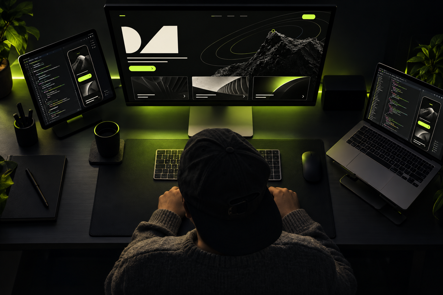 Diseñador construyendo una experiencia digital en su estación de trabajo